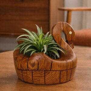 Vintage SOLID WOOD Swan Mini Planter Wood Grain Hand Carved MCM Farmhouse Decor